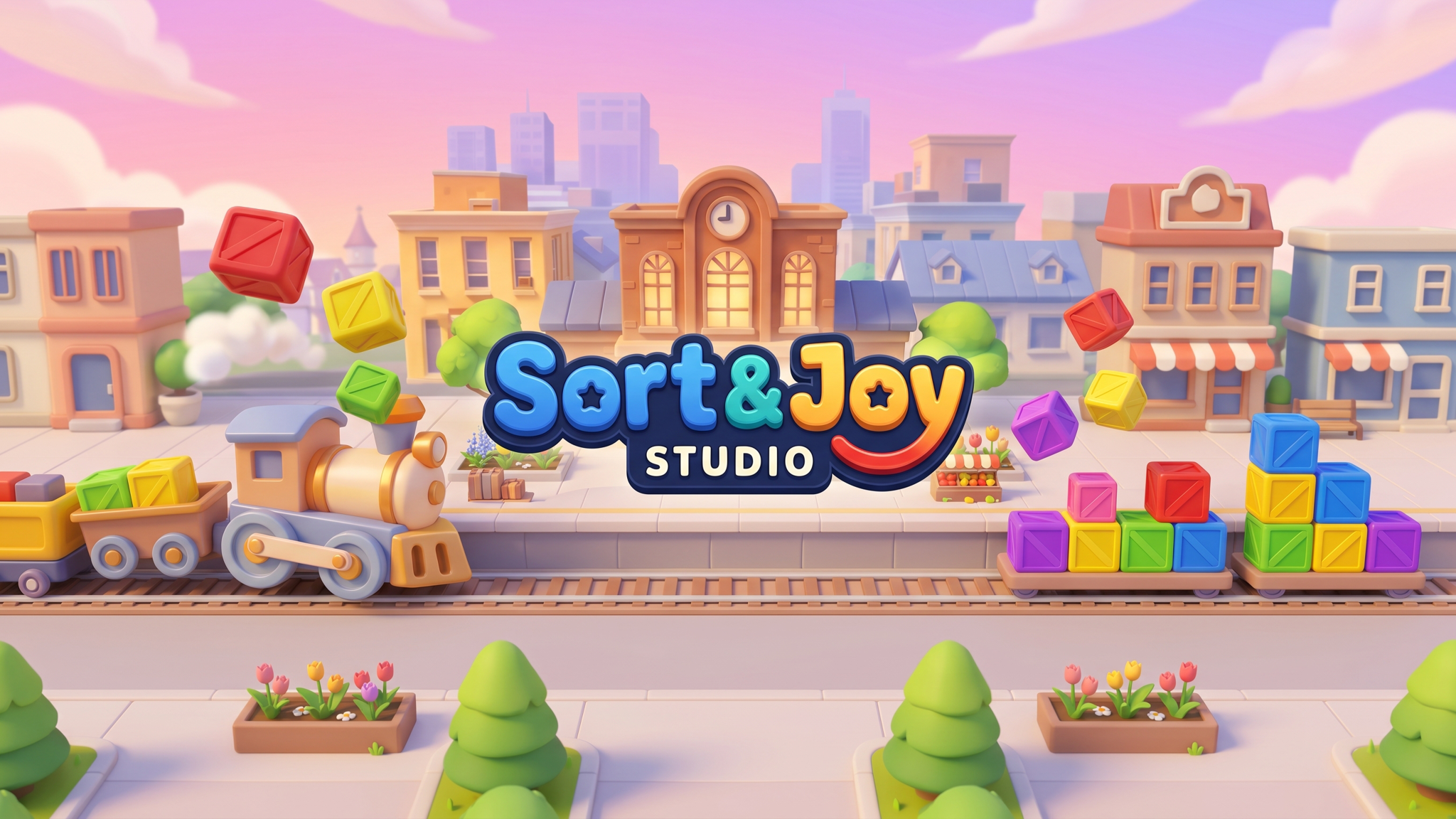 Colorful Sort & Joy Studio town with toy blocks and train